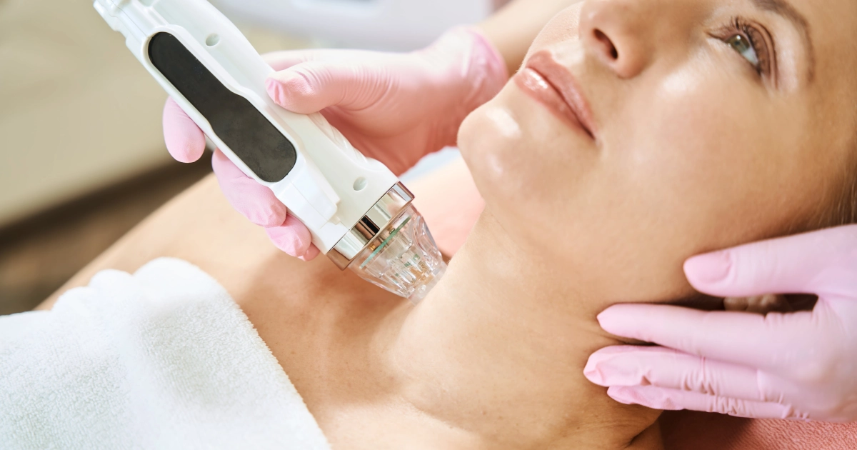 Woman receiving Microneedling in Riverside, CA on her neck, guided by a technician in pink gloves, in a bright clinic.