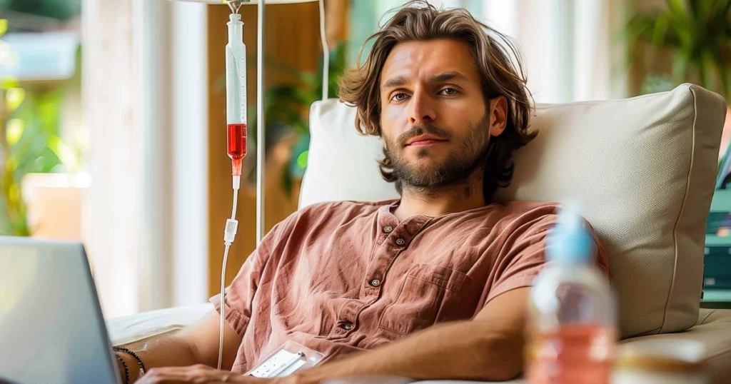 Man with beard on couch using laptop, IV drip nearby, sunny room with greenery, IV Therapy in Riverside, CA.
