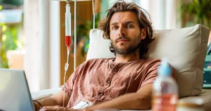 Man with beard on couch using laptop, IV drip nearby, sunny room with greenery, IV Therapy in Riverside, CA.