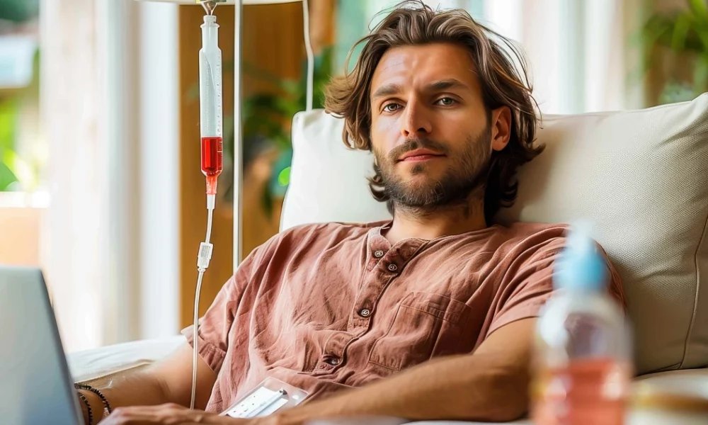 Man with beard on couch using laptop, IV drip nearby, sunny room with greenery, IV Therapy in Riverside, CA.